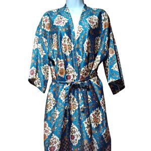 Rizky 100% Silk Kimono Robe OS Teal Orange Floral Scroll Boho Batik Eclectic